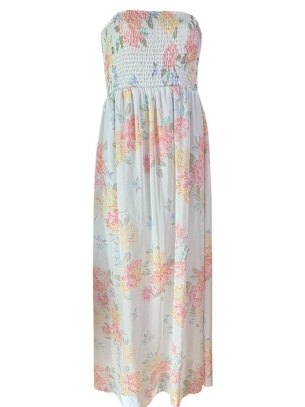 Strapless smocked tube maxi dress white fabric pink yellow floral print